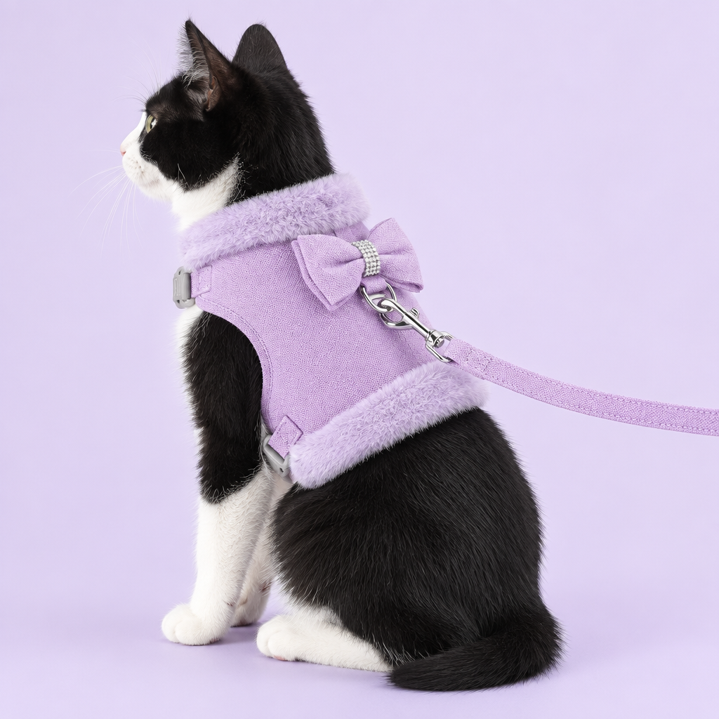Tuxedo cat in lavender harness