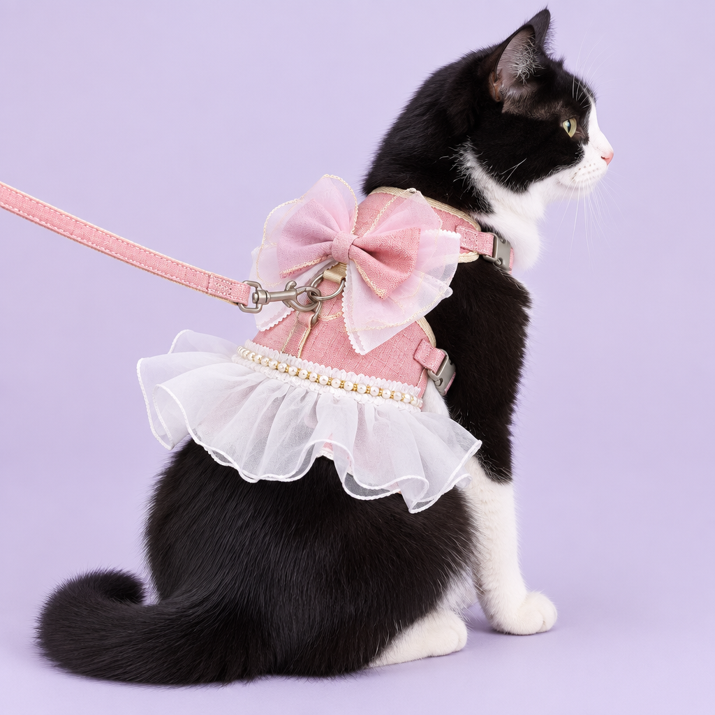 Tuxedo cat in pink ruffled harness