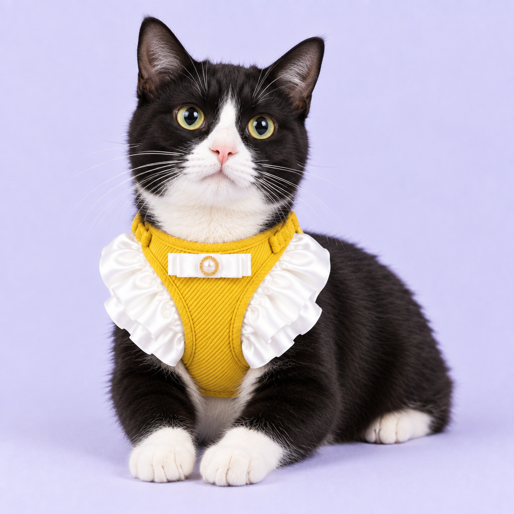 Tuxedo cat in yellow harness with front flounces