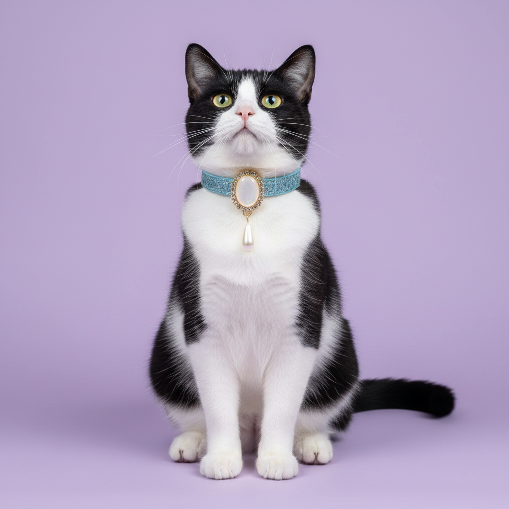 Tuxedo cat sitting tall and gazing upward wearing a light blue glitter breakaway cat collar with a gold oval pearl and rhinestone pendant