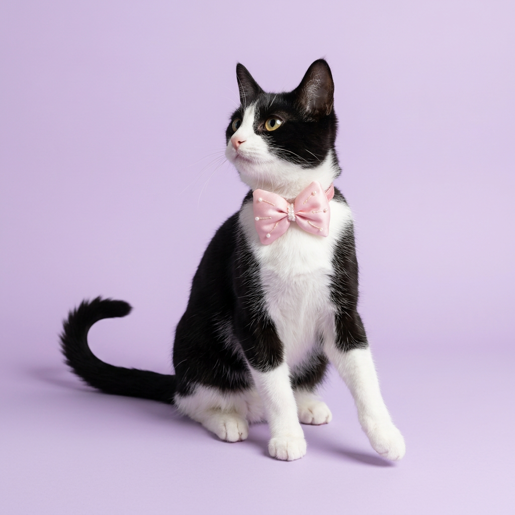 Tuxedo cat looking upward in pink bow collar