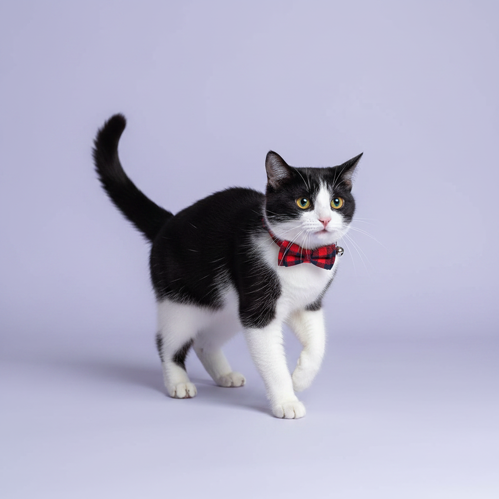 Yellow-green-eyed tuxedo cat mid-prance in three-quarter view with tail raised wearing a red and black plaid bow tie cat collar with bell on lavender background