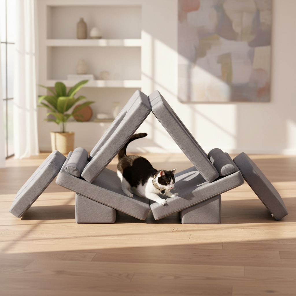 Tuxedo cat playing on the gray modular sofa wearing the exact cream and black jeweled collar