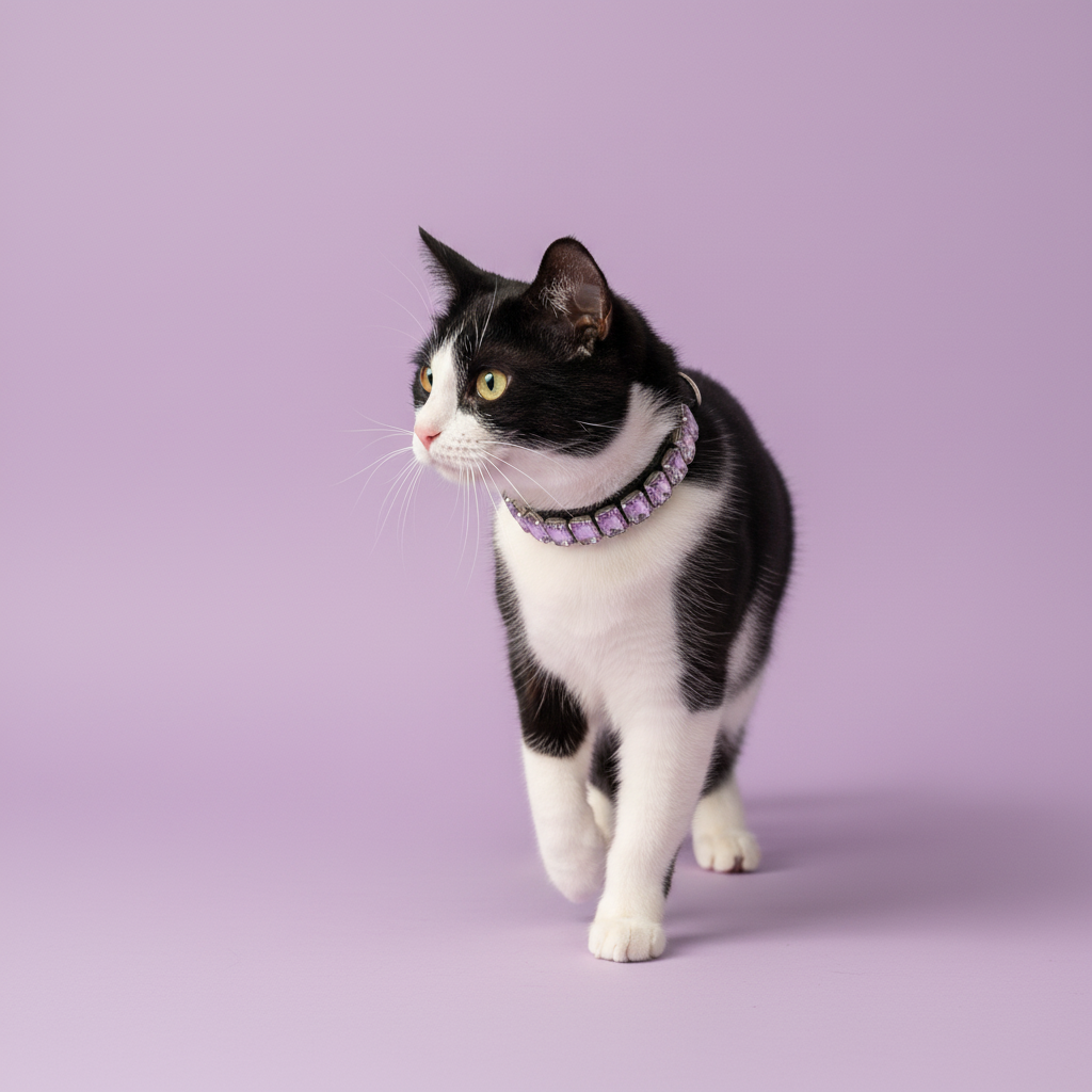 Black and white tuxedo cat walking and wearing a lavender crystal rhinestone collar against a soft lavender studio background.
