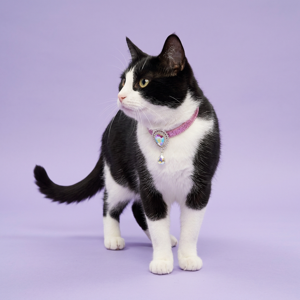 Tuxedo cat standing diagonally in the pink collar