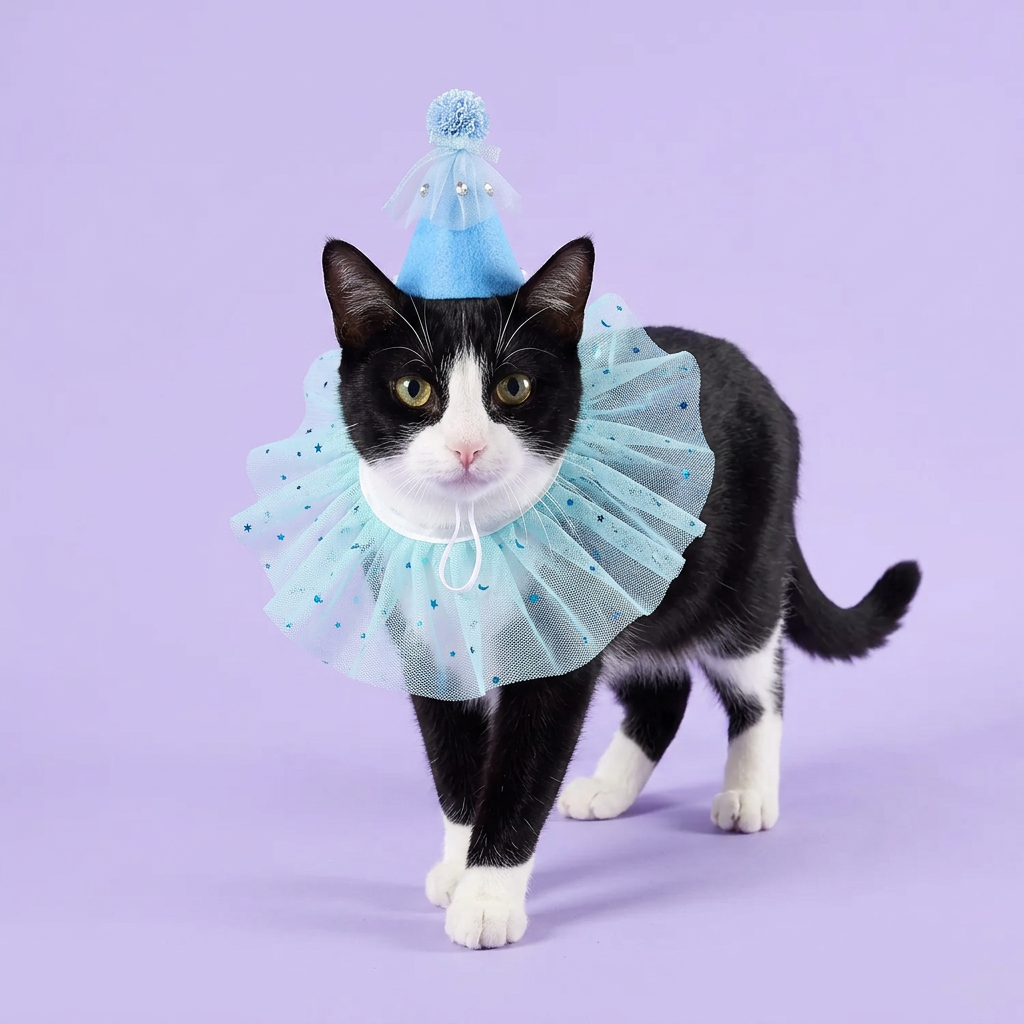 Tuxedo cat stepping forward in the aqua party set