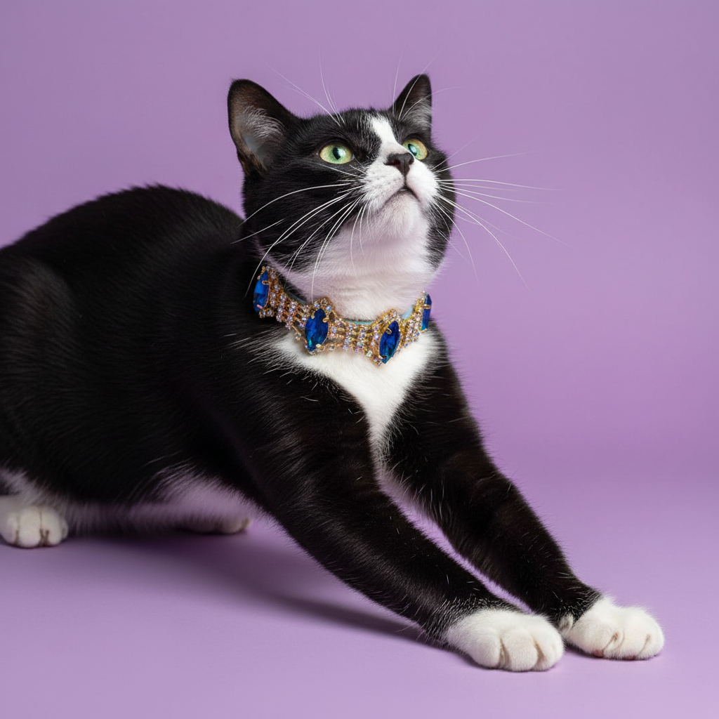 Tuxedo cat stretching forward and gazing upward wearing a blue sapphire crystal rhinestone breakaway cat collar