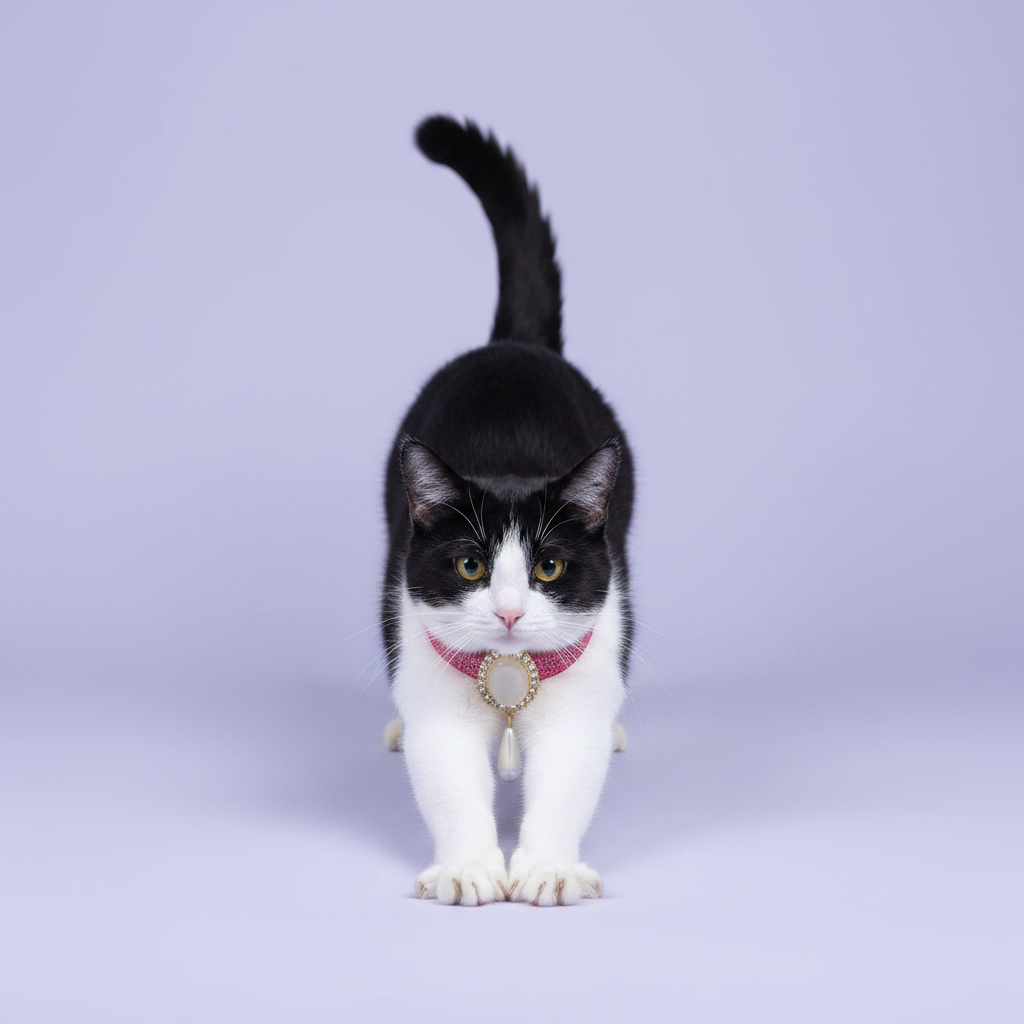 Tuxedo cat stretching forward with paws extended and facing the camera wearing a pink glitter breakaway cat collar with a gold oval pearl and rhinestone pendant