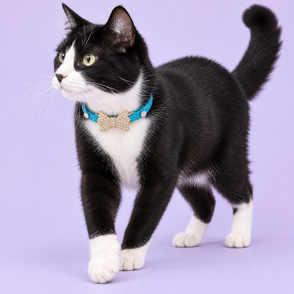 Tuxedo cat taking a step