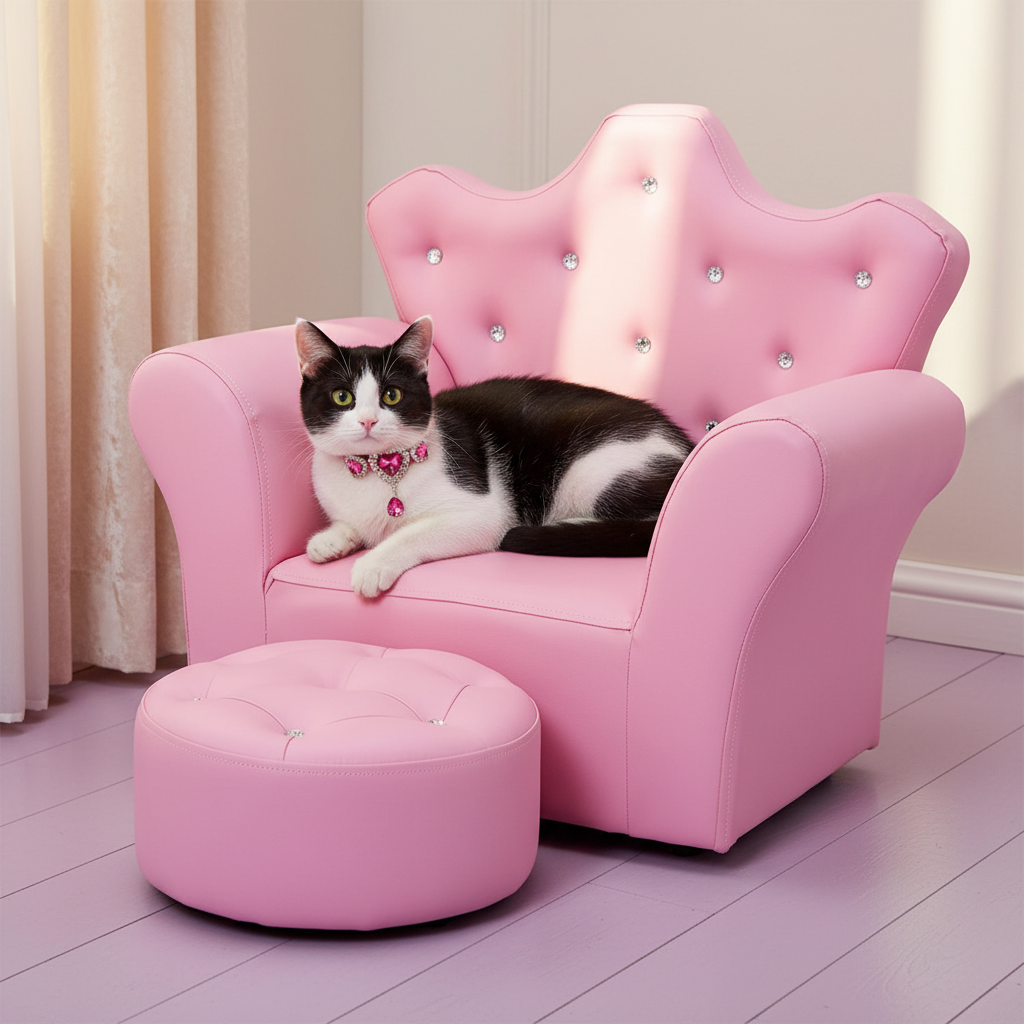 Tuxedo cat wearing the pink heart-gem collar on the pink pet chair