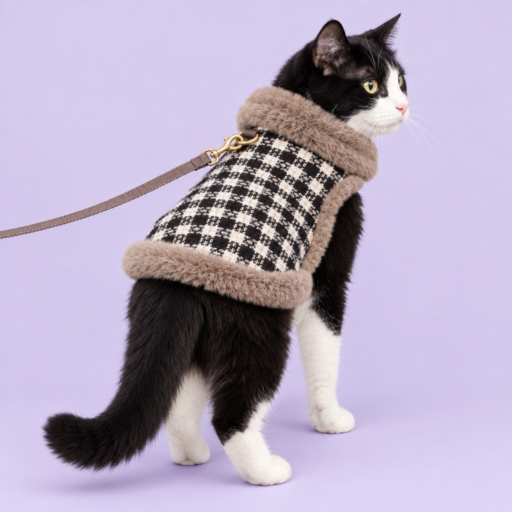Tuxedo cat wearing the plaid coat