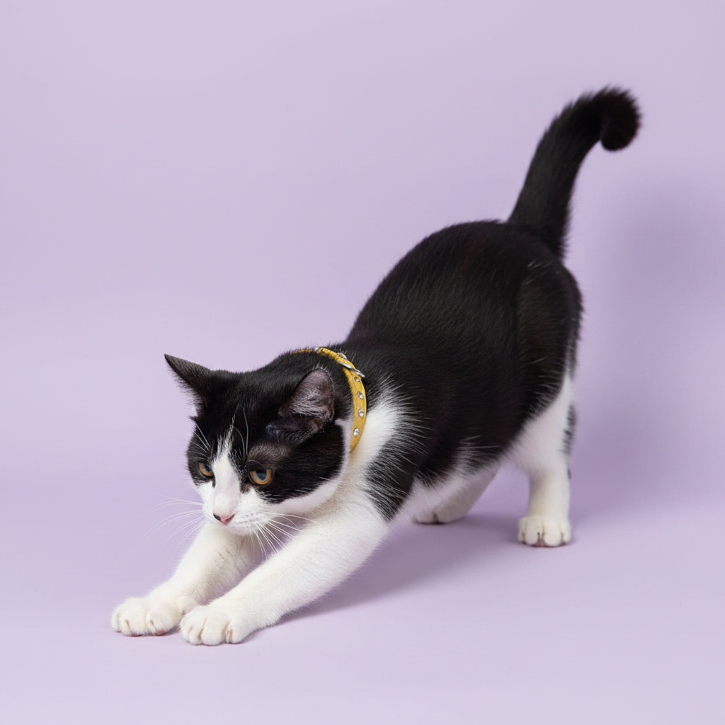 Tuxedo cat stretching and wearing a yellow rhinestone crystal leather cat collar, full body studio portrait on lavender background