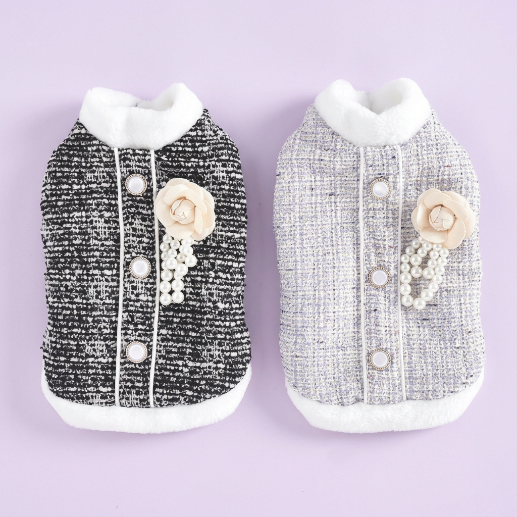 Tweed jackets’ exterior views on a clean pale lavender background