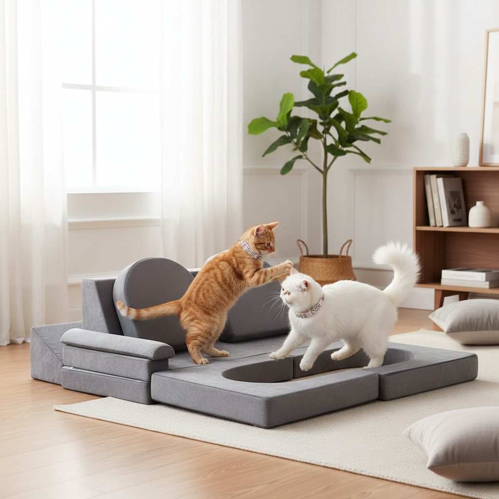 Two cats playing on the gray modular sofa wearing the exact white plaid jeweled collars