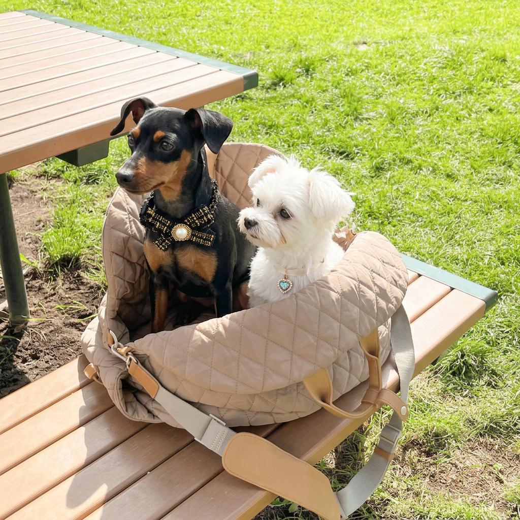 Two dogs wearing Pretty Posh Pets collars in a beige quilted carrier on a park bench