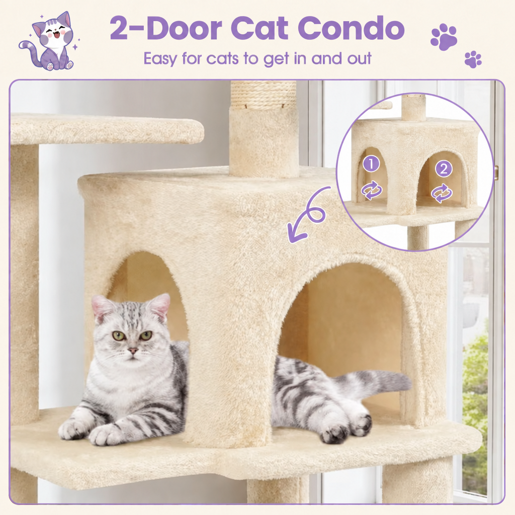 Two-door cat condo graphic with lavender accents