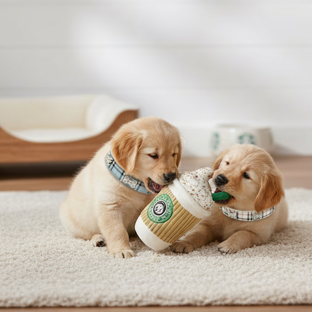 Two golden puppies wearing blue and cream plaid collars with rhinestone bone details while playing with a coffee plush
