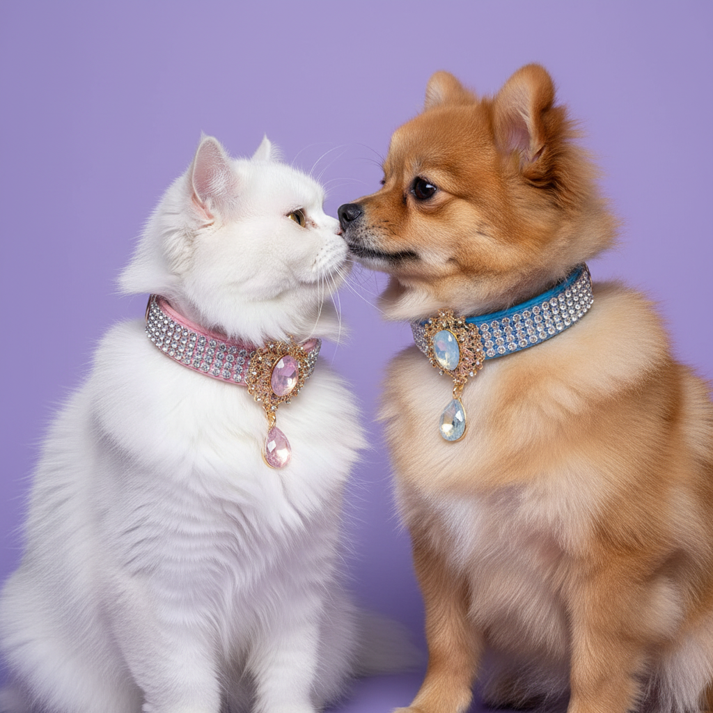 White long-haired cat and orange Pomeranian sitting together nose-to-nose wearing matching rhinestone unicorn pendant collars — the cat wearing a pink velvet rhinestone collar with a gold ornate centerpiece and a dangling blush pink teardrop crystal, and the Pomeranian wearing a light blue velvet rhinestone collar with a gold ornate centerpiece and a dangling iridescent opal teardrop crystal, luxury crystal pet collars on solid lavender background
