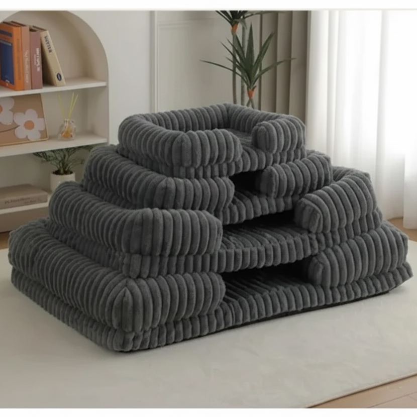 Two ribbed corduroy rectangular pet sofa beds stacked, showing available colorways, on a white background