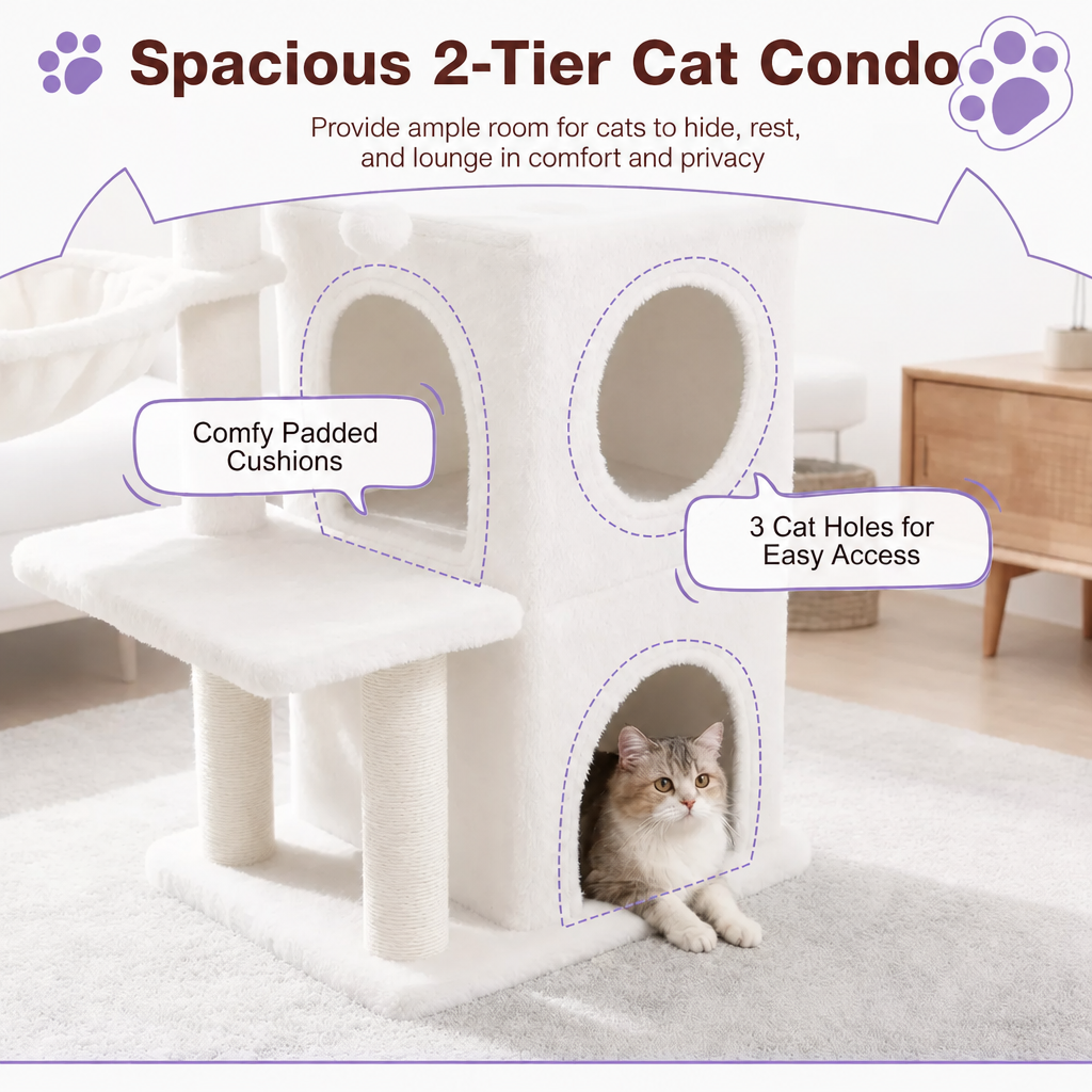 Two-tier cat condo graphic with lavender accents