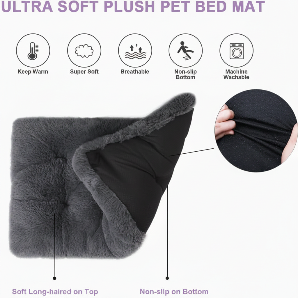 Feature infographic for an Ultra Soft Plush Pet Bed Mat showing a dark charcoal grey long shaggy faux fur flat mat folded back to reveal the black non-slip base, with a close-up inset of the non-slip fabric being stretched, callouts for Soft Long-haired on Top and Non-slip on Bottom, and five icon badges at the top: Keep Warm, Super Soft, Breathable, Non-slip Bottom, and Machine Washable