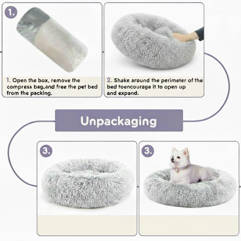 Unpackaging infographic for a light grey long shaggy faux fur round donut pet bed, showing three steps: 1. Remove the bed from its compressed bag, 2. Shake around the perimeter to help it expand, 3. Fully expanded bed ready to use, with a small white Pomeranian sitting in the finished bed