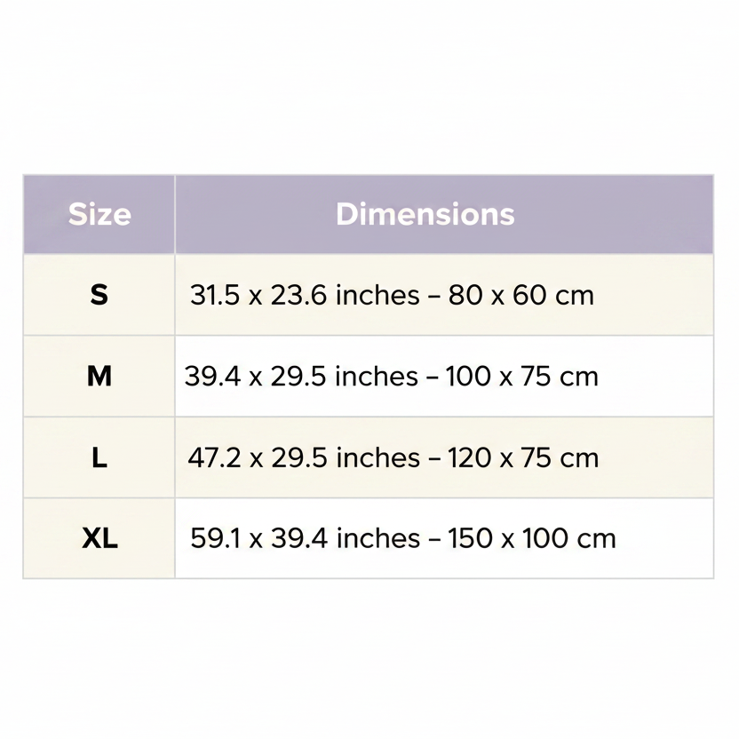 Size chart infographic with a lavender header row showing Size and Dimensions columns on a cream background: S — 31.5 x 23.6 inches (80 x 60 cm), M — 39.4 x 29.5 inches (100 x 75 cm), L — 47.2 x 29.5 inches (120 x 75 cm), XL — 59.1 x 39.4 inches (150 x 100 cm)