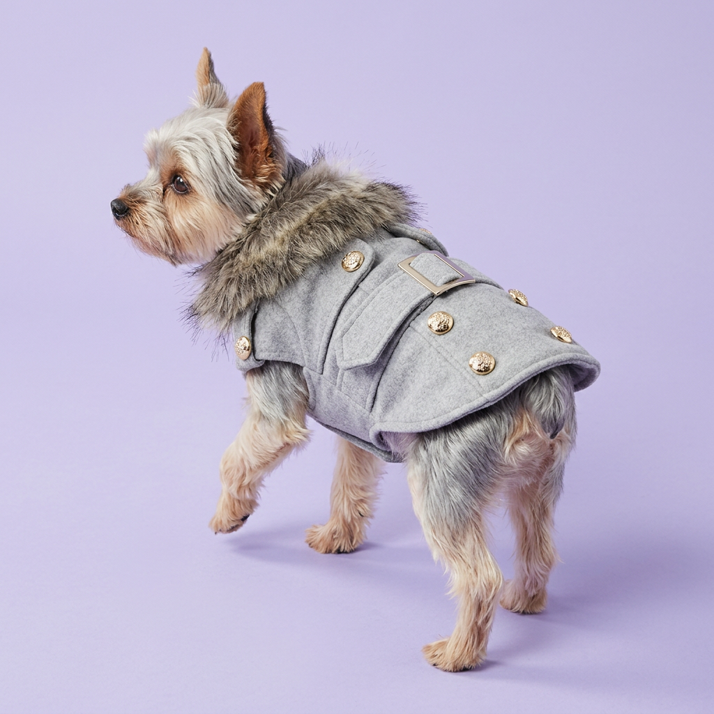 Walking Yorkie wearing the grey jacket