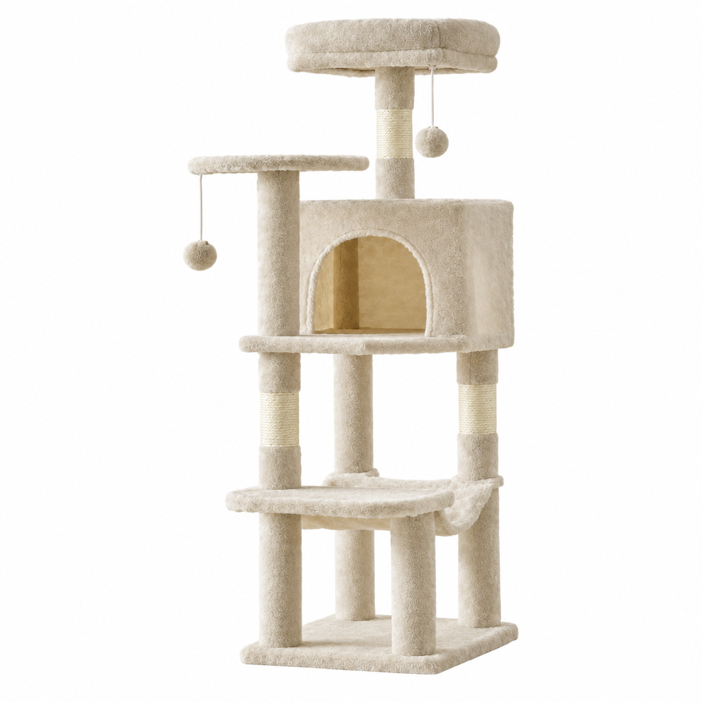 Warm beige cat tree on a square white background