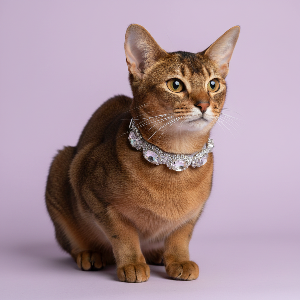 Warm brown Abyssinian cat sitting and looking up, wearing a clear crystal beaded collar with a sparkling pendant, on a lavender background