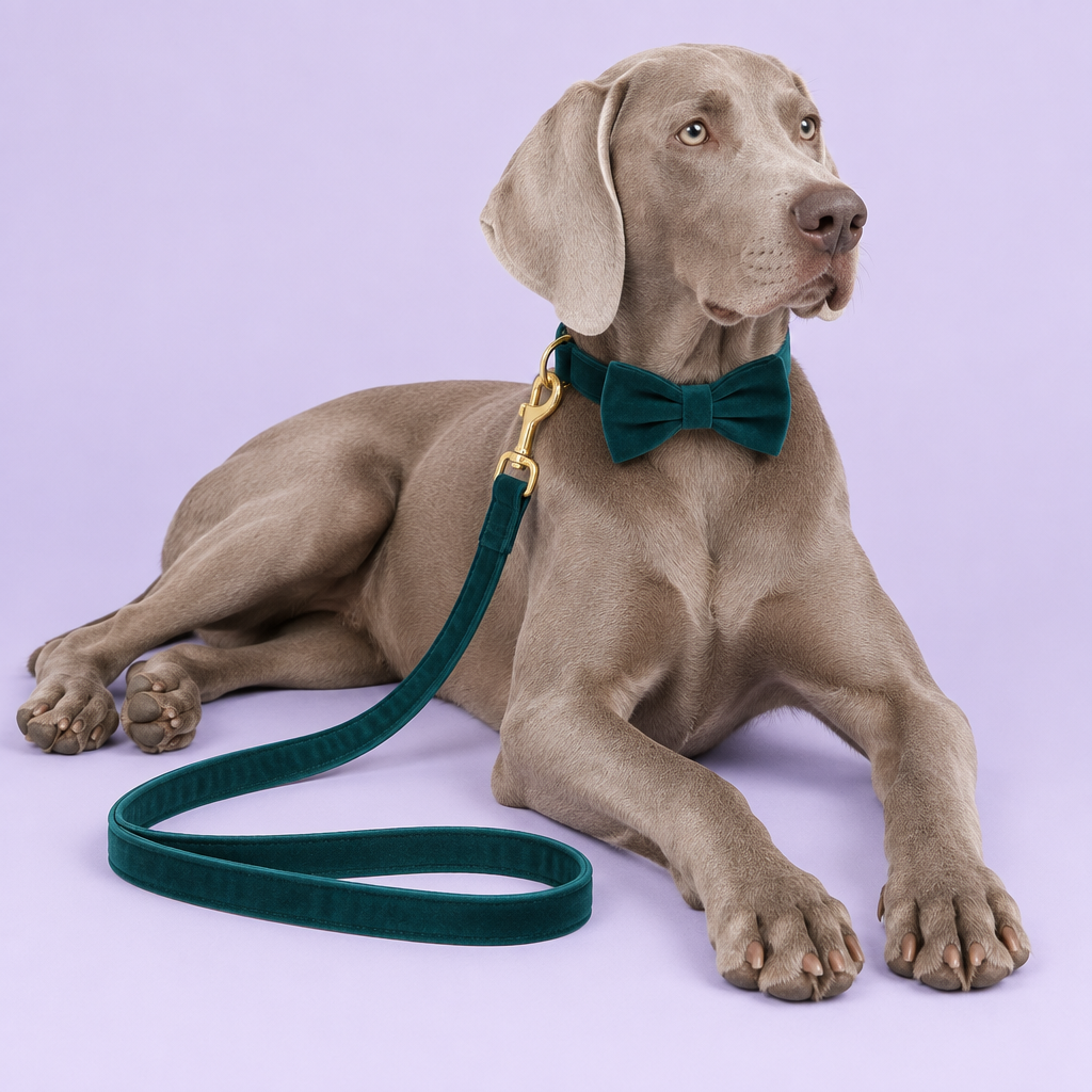 Weimaraner lounging with teal velvet bow collar and leash