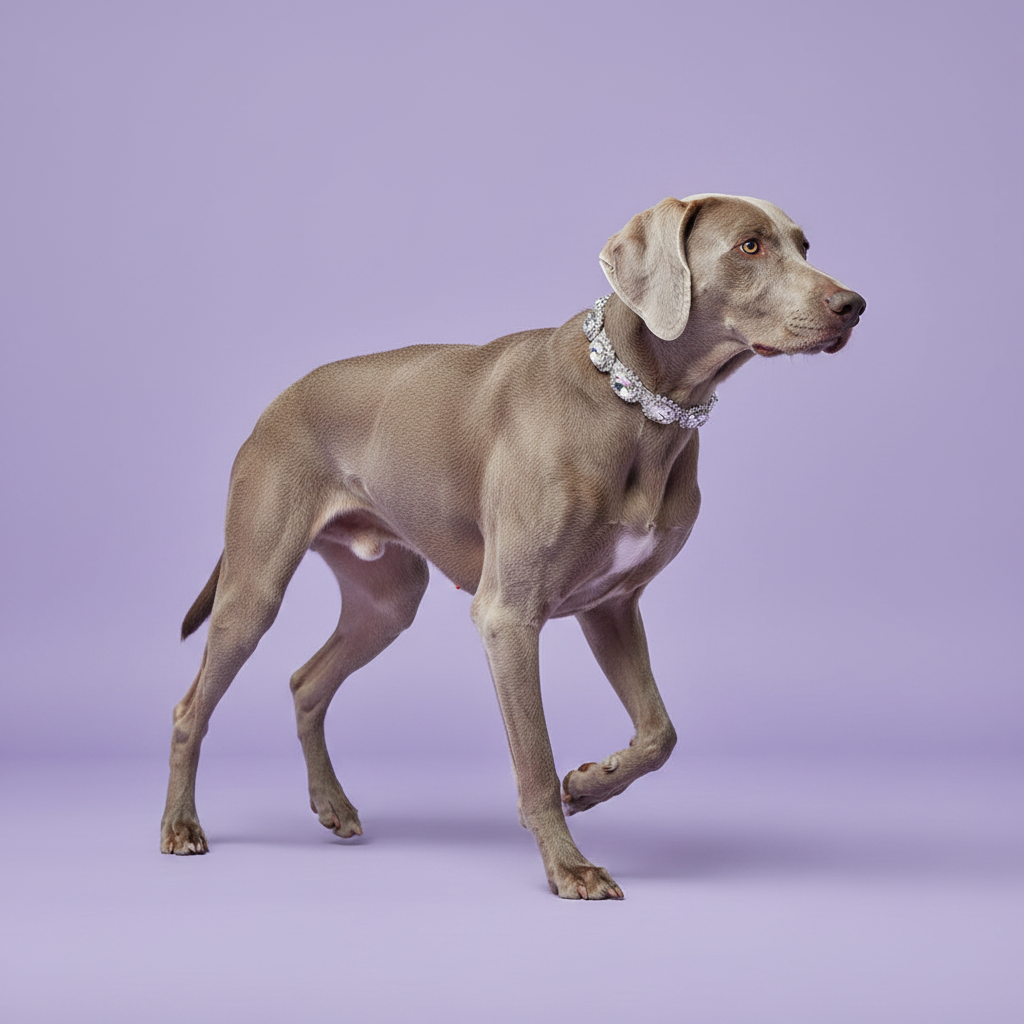 Silver-grey Weimaraner trotting in full profile view with one front paw raised wearing a silver multi-oval crystal rhinestone statement collar, luxury diamond dog collar for large breeds on lavender background
