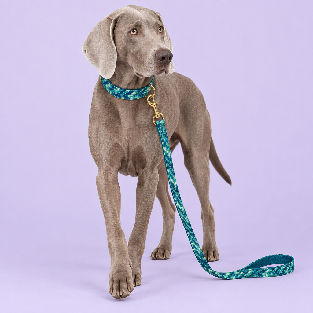 Weimaraner wearing the teal collar and matching leash
