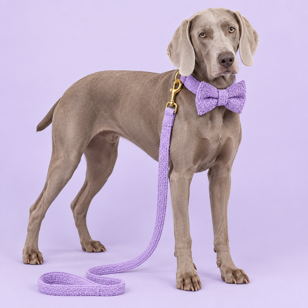 Weimaraner with purple teddy-fleece bow tie collar and leash