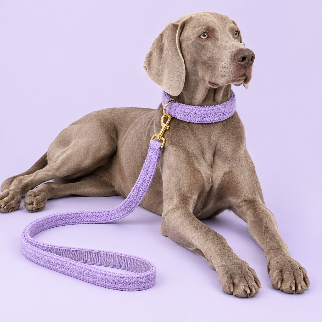 Weimaraner with purple teddy-fleece collar and leash