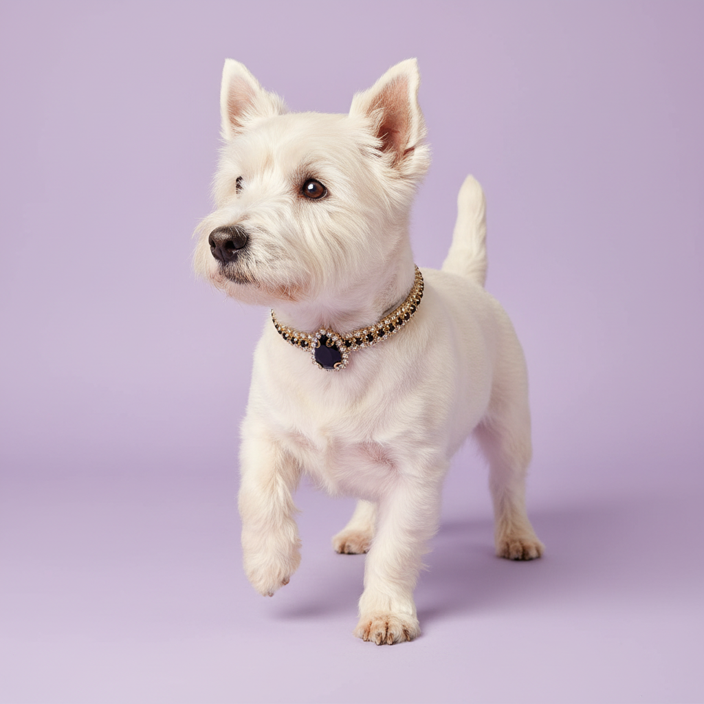 West Highland White Terrier walking, wearing a beaded collar with a black teardrop gem pendant, on a lavender background