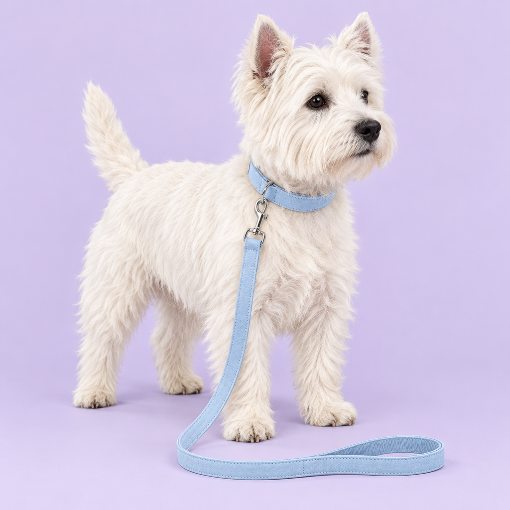 Westie wearing light blue collar and leash