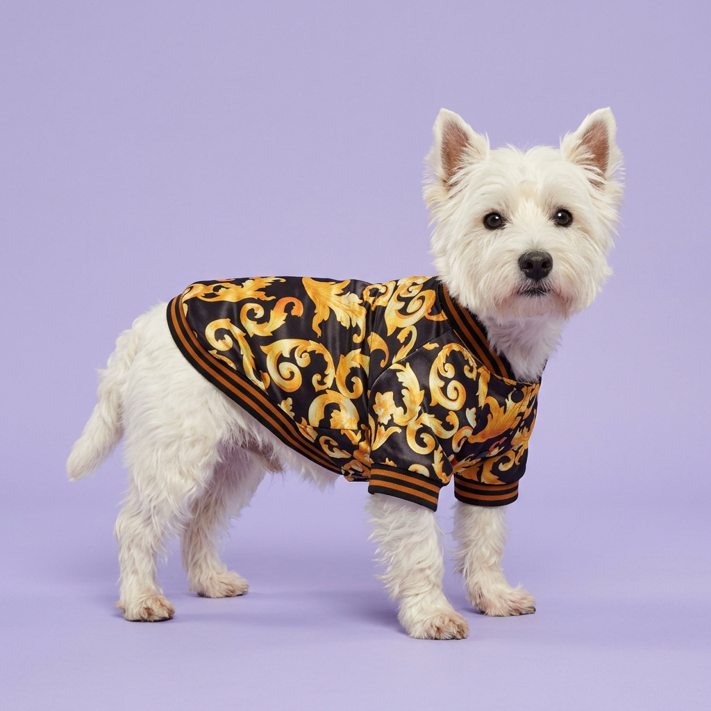 Westie wearing the black-and-gold baroque top
