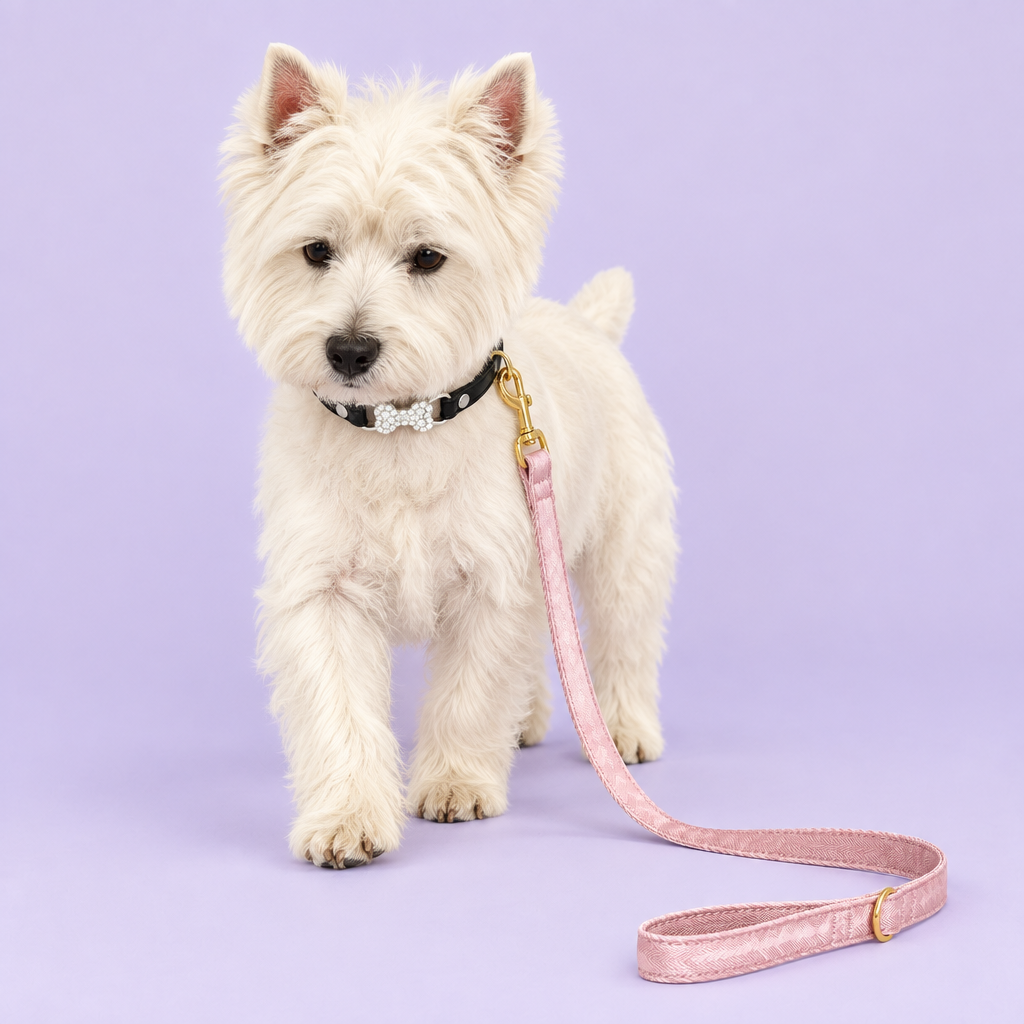 Westie with silver bow collar and pink silky leash