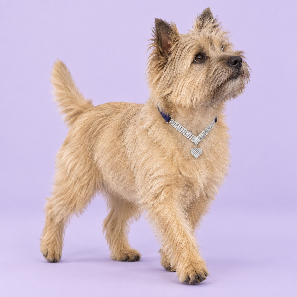 Wheaten Cairn terrier stepping forward and looking back