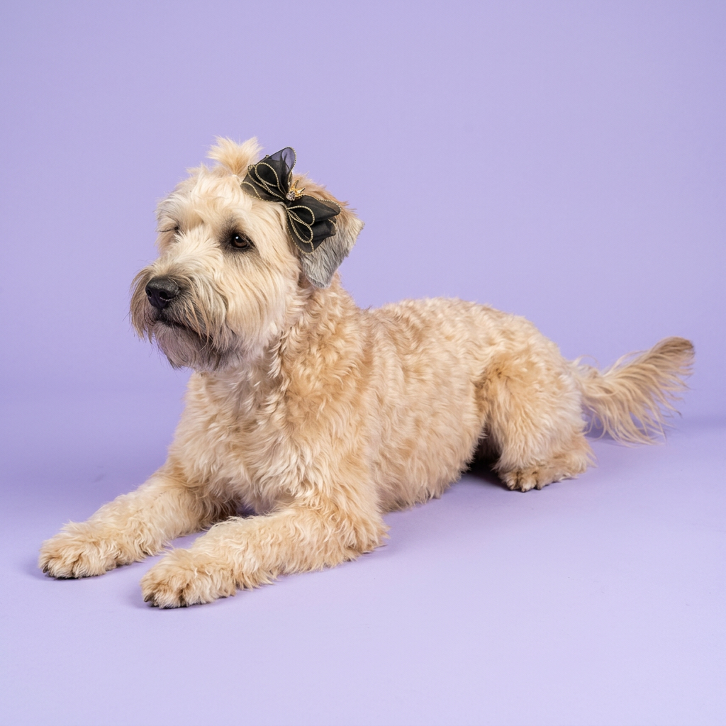 Wheaten terrier wearing the black-and-gold crown bow