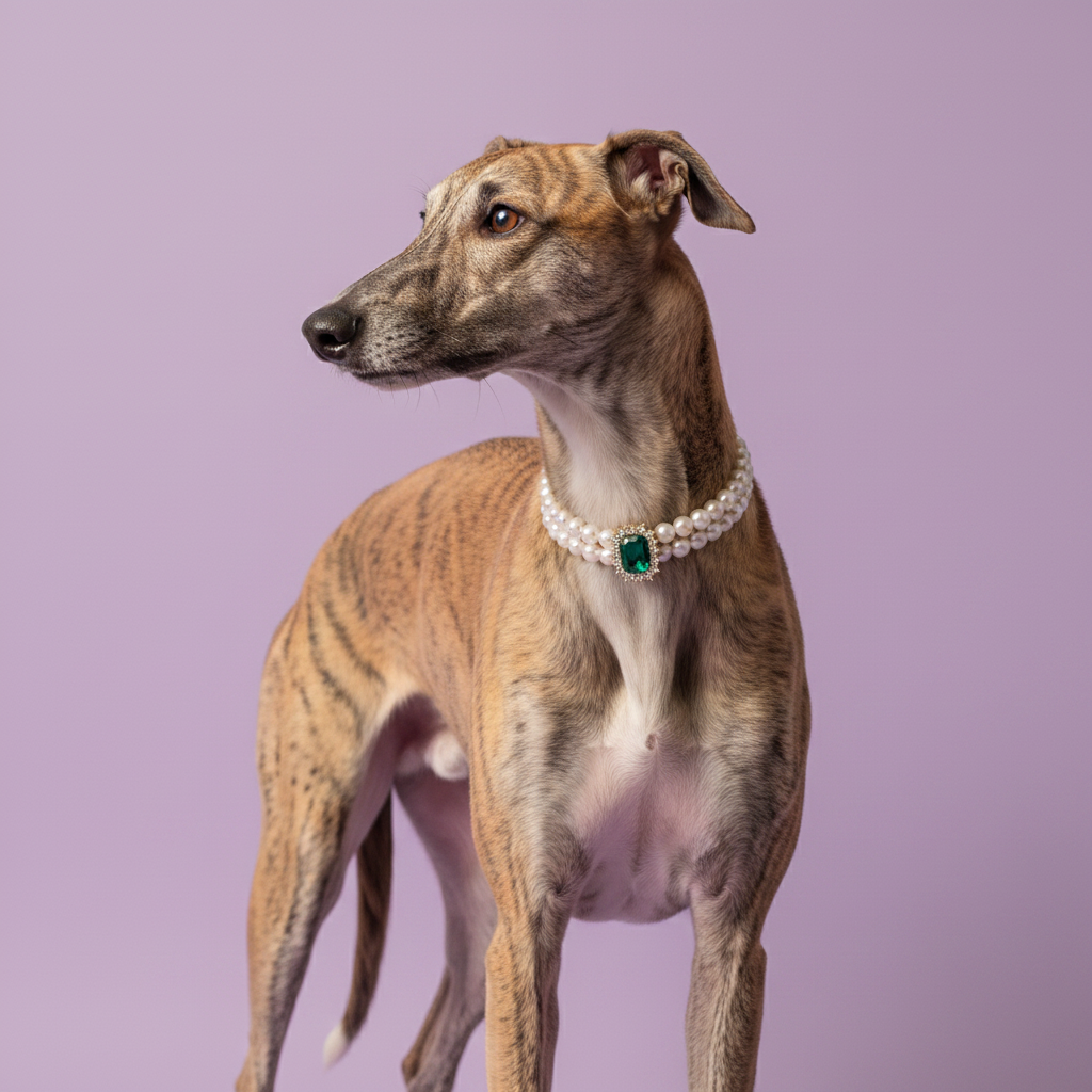 Brindle Whippet standing and looking to the side while wearing a double pearl collar with an emerald gemstone pendant against a lavender background