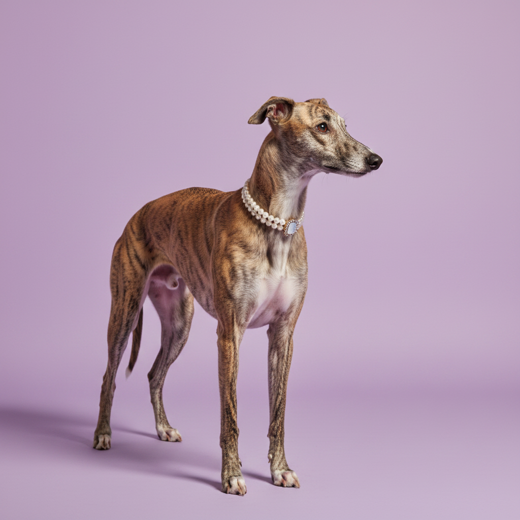 Brindle Whippet standing and wearing a pearl collar with a moonstone pendant against a lavender background