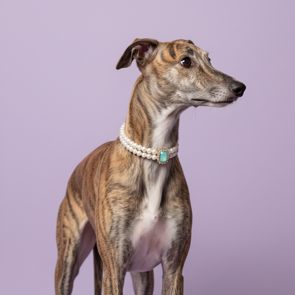 Brindle Whippet standing and wearing a double pearl collar with a teal gemstone pendant against a lavender background