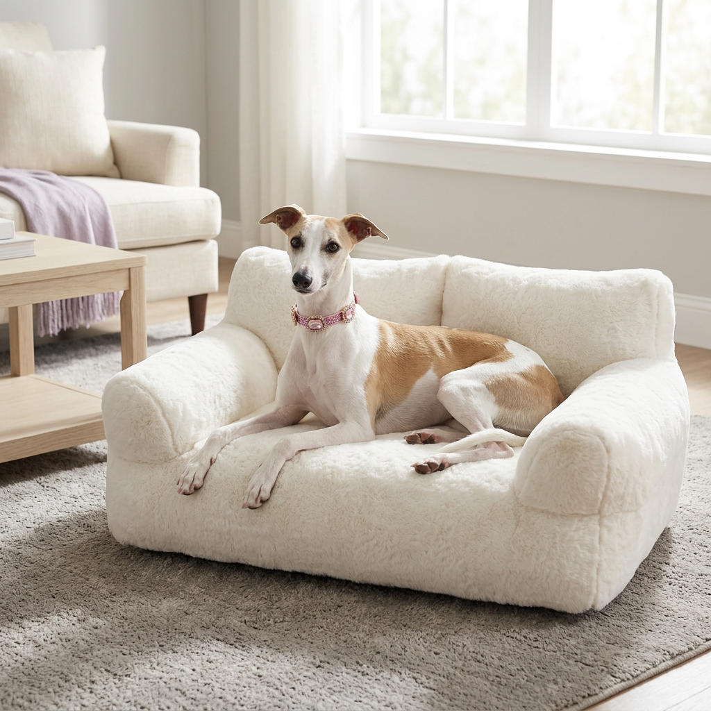 Whippet wearing the pink jeweled collar on the white pet couch