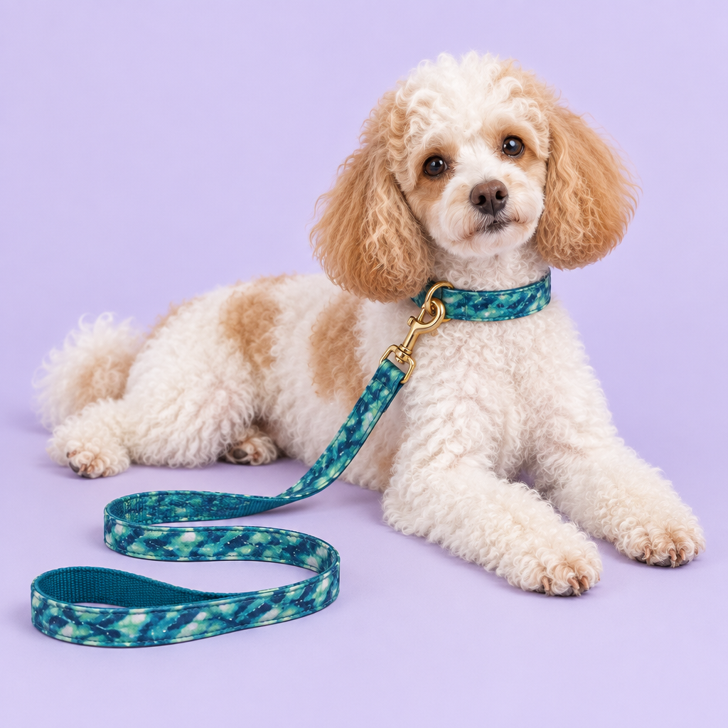 White and apricot miniature Poodle lounging diagonally