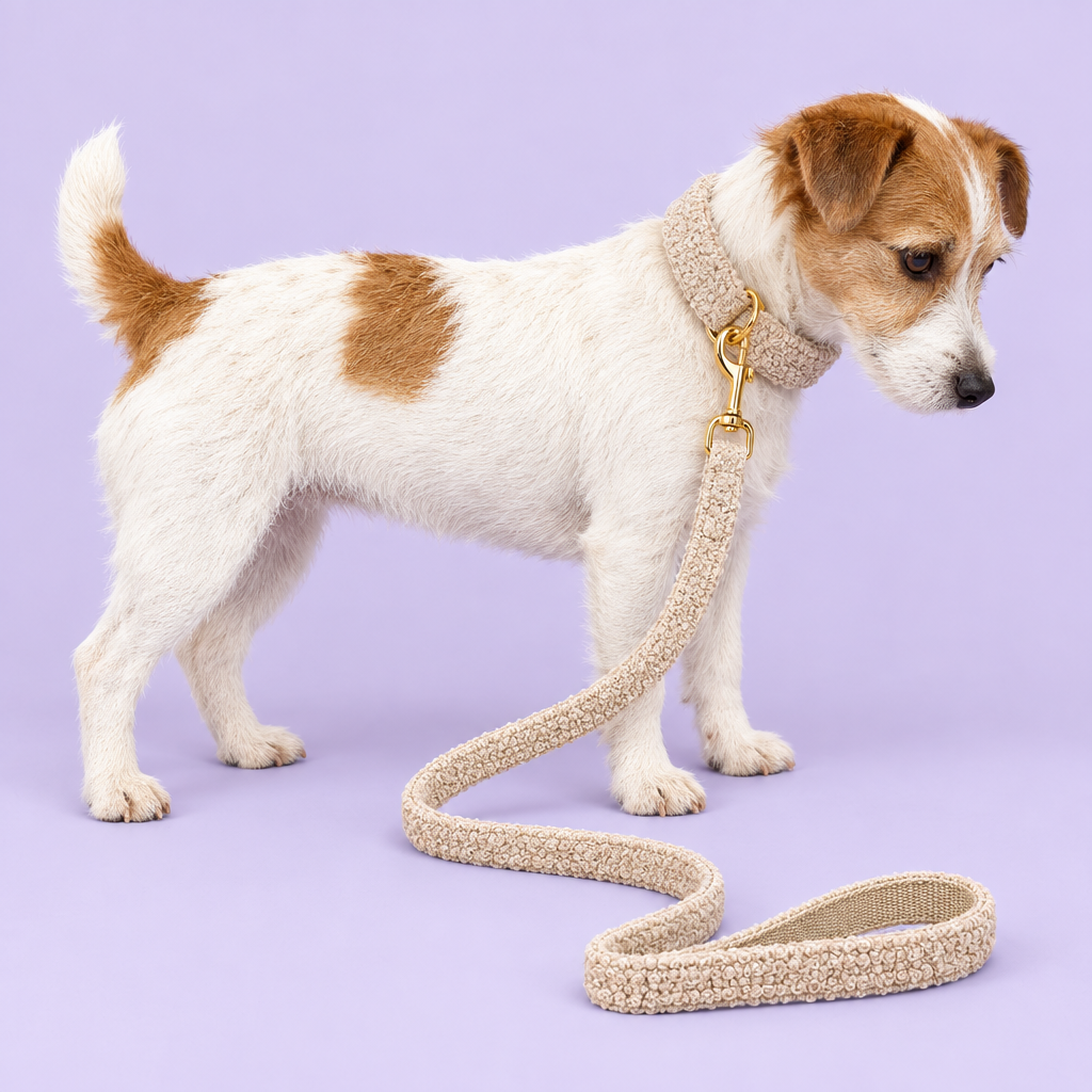 White-and-caramel terrier wearing beige teddy fleece set