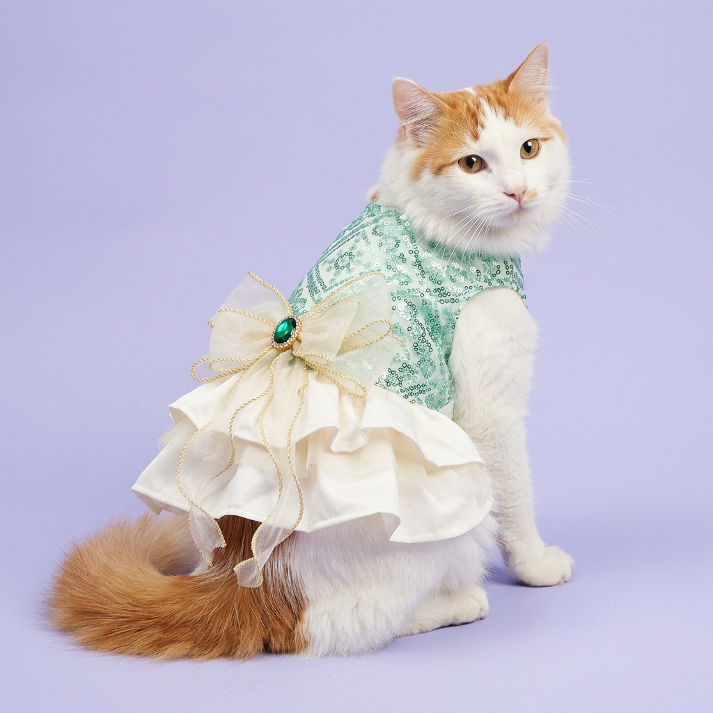 White-and-ginger Turkish Van looking over its shoulder in the mint-and-ivory dress