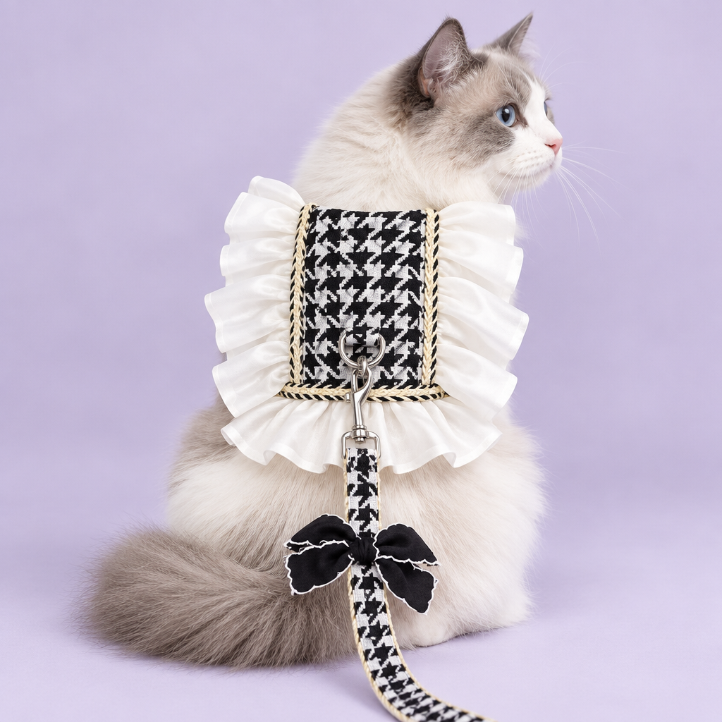 White-and-gray cat in houndstooth harness and leash