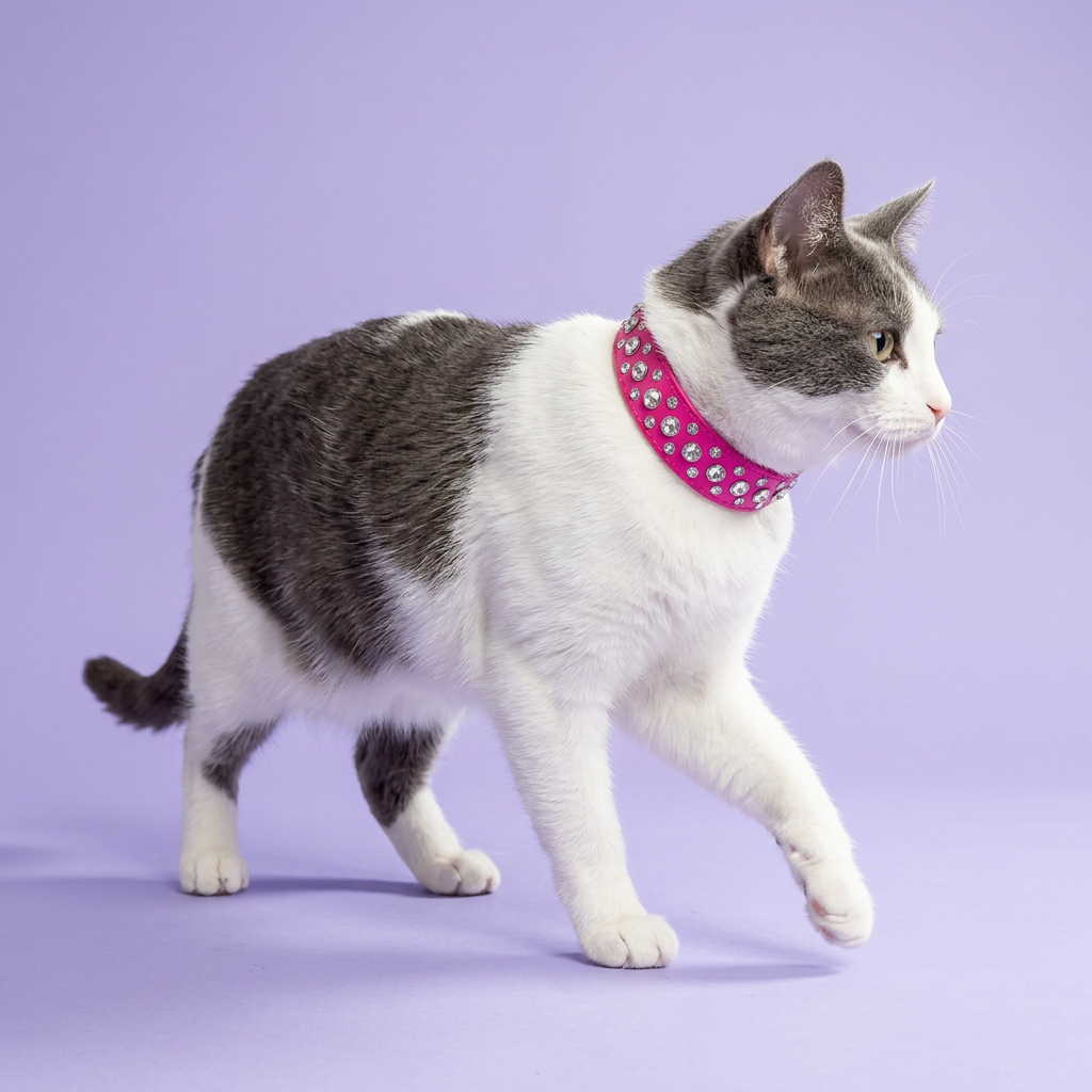 White and grey bicolor cat mid-step glancing aside, wearing the hot pink rhinestone collar